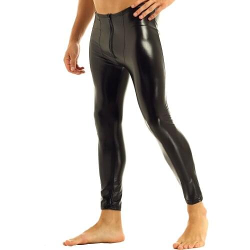 Mens Lingerie CatsuitLong Pants Patent Leather Zipper Bulge Pouch Tight Pants Leggings Trousers Underwear Exotic Costume for Sex