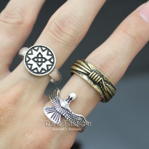 Pack of 3 Indian Vintage Silver Plated Eagle Shield Gold Arrow Feather Stack Band Ring Jewelry