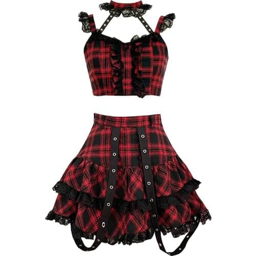 New Japanese Harajuku Style Girls Red Plaid High Waist Skirts Sweet Lolita Mini Cake Skirts Kawaii Cosplay Hot Girl Suit