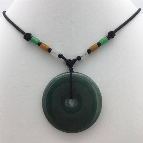 Wholesale New natural Dark green jadestone Peace buckle Good luck Pendant necklace long 26 inches around 48MM
