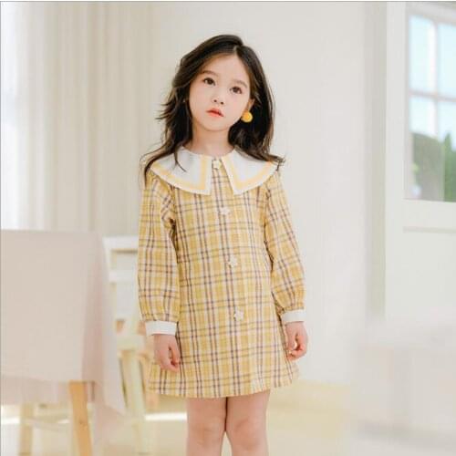 Girls Plaid Dress Spring Autumn Girl Yellow Turn-down Collar Cotton Long Sleeve Party Tutu Dresses Children Dress Kids Clothing