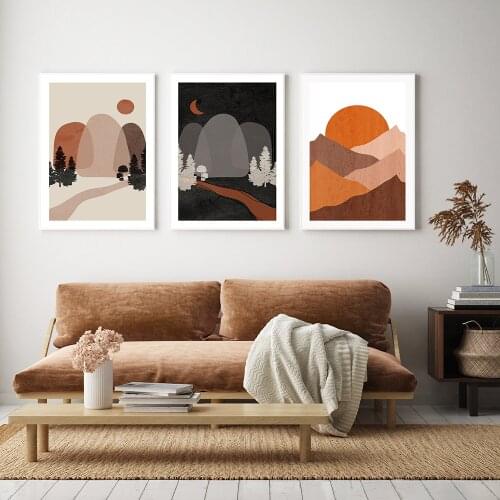 Sunset Poster Mountain View Canvas Painting Botanical Art Print Natural With Late Moon Wall Picture for Living Room Home Decor