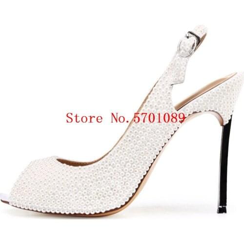 Genuine Leather Luxury Wedding Pumps 100mm High Heels White Pearls Sandals Evening Party Bride Bridesmaid Wedding Shoes 35-41