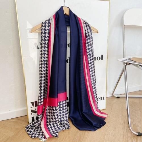 Luxury Brand Designer Silk Scarf Women Fashion Houndstooth Pashmina High Quality Thin Shawls Wraps Femme Foulard Bandana Hijab