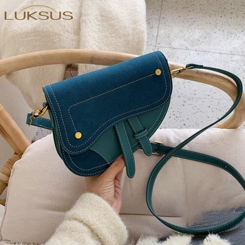 LUKSUS Vintage Style Designer Saddle Bags for Women Blue Black khaki Brown Black Suede Leather Crossbody Bag bolsos para mujer