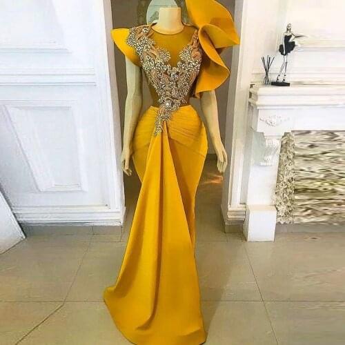 Mustard Yellow African Prom Dresses Beads Crystals Sheer Neck Appliques Mermaid Evening Dress Ruffles Party vestidos de fiesta