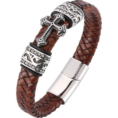 Vintage Men Jewelry Brown color Braid Genuine Leather Bracelet Magnetic Buckle Cross Bangle Male Wristband Classical Gift BB0083