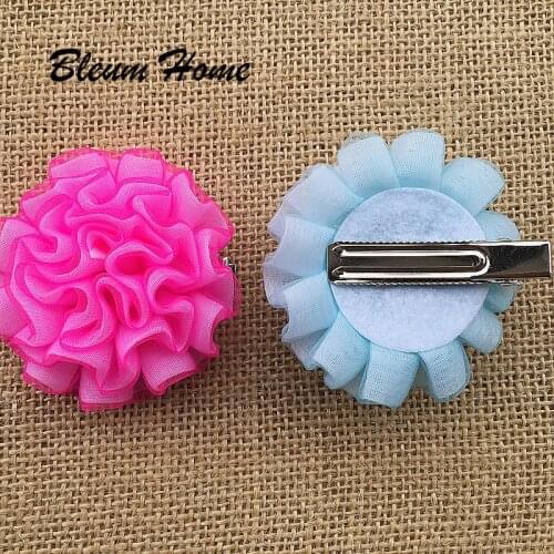 12pcs Bleum Home Ribbon rose flower Bows With tulle chiffon flowers Center For Girls Kids Handmade Hairgrips Hair Accessories