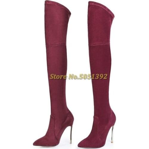 Suede Thin Highs Heel Long Boots Woman Pointed Toe Look Slim Elastic Zip Over The Knee Cold Day Shoes Concise Fashion