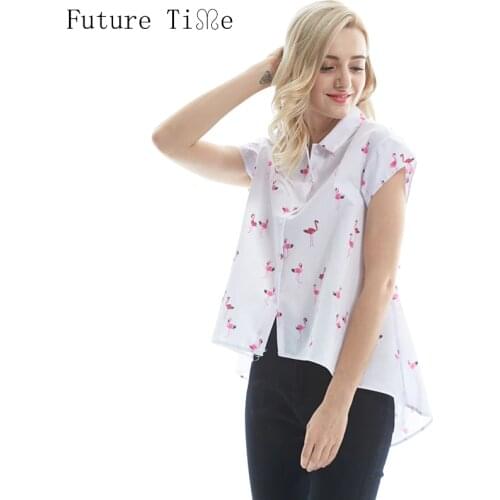 Future Time Flamingo Top Women Summer 2017 Blouses Pink Print Irregular Shirts Female Turn Collar Short Sleeve Blouse SC233