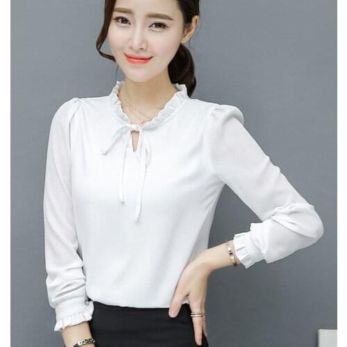 2020 Korea Fashion Women Chiffon Shirt Autumn Ruffled Sweet Bow Womens Shirts Long Sleeve Warm Winter Ladies Top WXF610