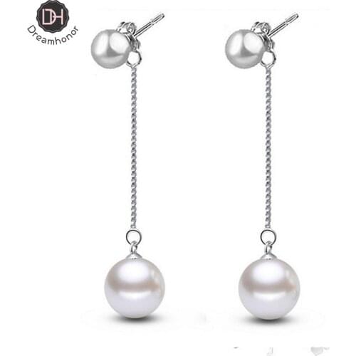 Dreamhonor Korean Temperament Double Imitation Pearl Long Earrings Fashion 925 Sterling Silver Women Earrings Jewelry