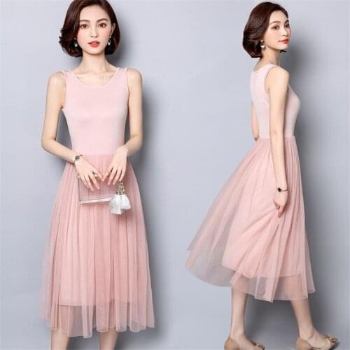 2019 Spring Big Size Women Modal Dresses All-match Lady Spaghetti Strap Mesh Dress Summer Tank Dress Basic Sundress Vestidos 710