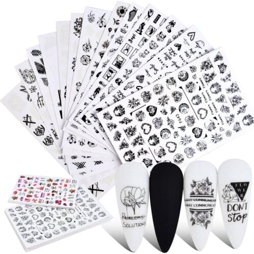 1 Sheet 3D Nail Stickers Black White Geometric Flower Letter Patterns Adhesive Transfer Decals Nail Art DIY Design Decoration