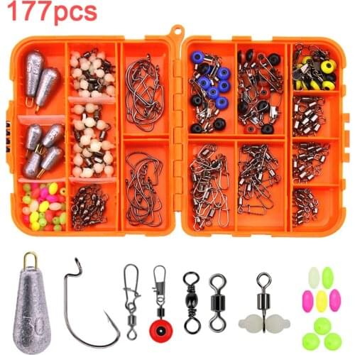 177pcs Texas Fishing Kit Including Fishing Beads Sinker Weights Snaps Rolling Swivel Connector Bass Perch Sea Rock Crank Hook