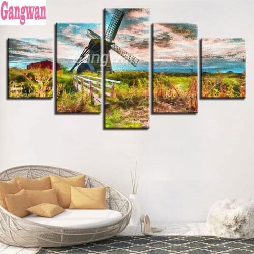 5 Pieces Windmill Island Scenery 5d diy painting full square round drill diamond painting mosaic embroidery cross stitch decor