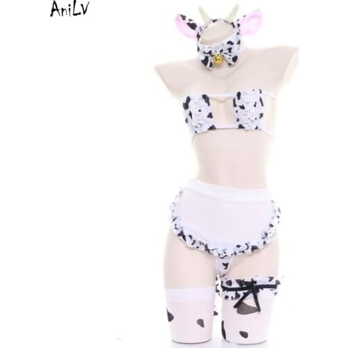 AniLV Cute Pool Party Cow Girl Maid Bikini Swimsuit Costume Beach Bell Student Swimsuit Uniform Set Cosplay Headband Ear Tail