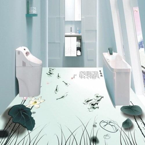 Free Shipping Lotus ink shrimp Chinese ink ground painting wallpaper kitchen park mall decoration thicken floor mural