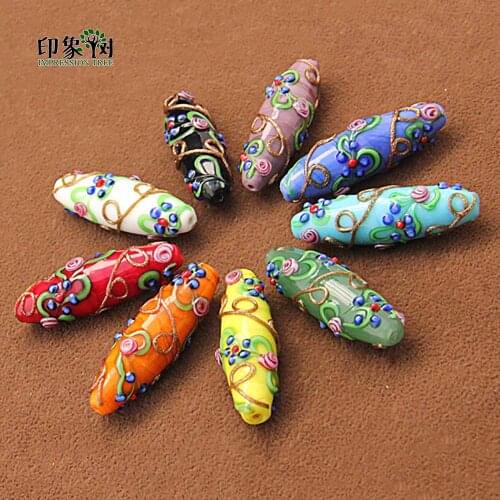 4Pcs/Lot 42x13mm Big Oval Ethnic Flowers Glass Beads Gold Sand Lampwork Pendant Spacers For DIY Jewelry Components Makings 1631