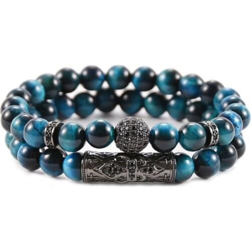 2PCS/set Tiger Eye Stone Bracelets Pave CZ Charms Bracelets for Men&Women Jewelry