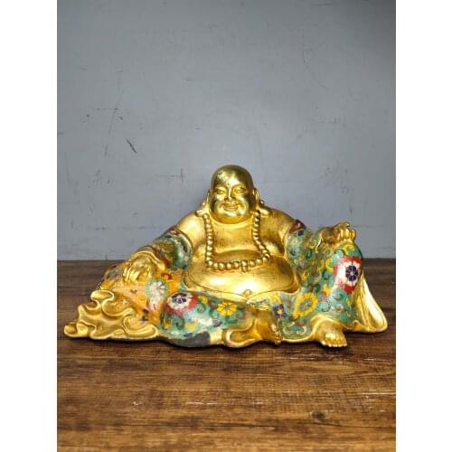 Home Decor 10" Tibet Buddhism Temple Old Bronze Cloisonne Enamel Big belly laughing Maitreya Buddha statue Amitabha statue