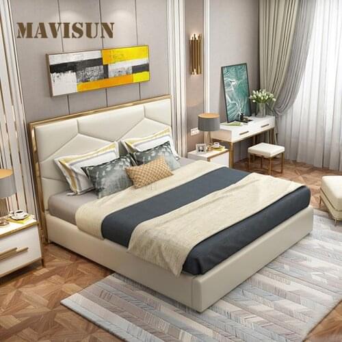 Italian Furniture For Home Bedroom Bed 2 People With Genuine Leather And Solid Wood Frame White Classical King Bed 180X200cm