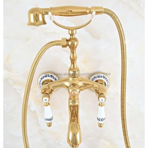 Bathtub Faucet Golden Wall Mounted Rain Shower Faucet Round Handheld 2 Handle Luxury Bathroom Mixer Tap Set Nna817
