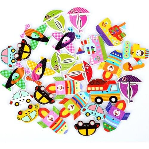 Hot 70pcs 2 Holes Random Mixed Decorative Wooden Button Lovely Conveyance Design for Sewing Scrapbooking DIY Craft Making