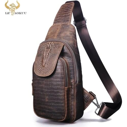 Hot Sale Men Crazy Horse Leather Vintage Triangle Crossbody Chest Sling Bag Design Travel One Shoulder Bag 8" Daypack Male 5016