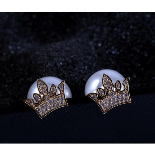 Wholesale 925 Silver Pin Studs Gold Color Mosaic Cubic Zirconia Crown Pearl Double Side Earrings Jewelry for Women