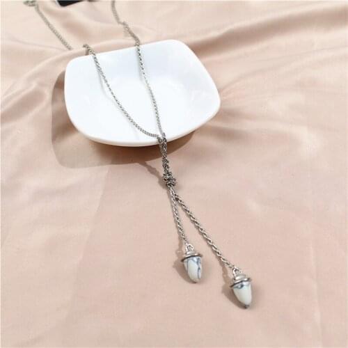 New Fashion Long Silver Color Knotted Chain Stone Pendant Necklace Sweater Jewelry Accessory Party Gift for Women