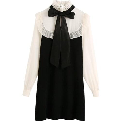 Bow Tie Harajuku Dresses Ladies White Black Casual Womens Dress Long Sleeve Knot Dress Woman 2020 Dress Top Aesthetic Dress