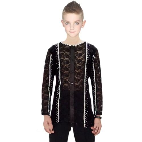 Latin Dance Shirts Boys Black Lace Dancing Tops Salsa Samba Cha Cha Professional Competition Wear Charleston Clothes DNV10301