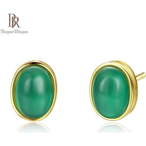 Bague Ringen Classic Solid 92.5% Silver 925 Stud Earrings for Women Fine Jewelry Oval Green Gemstone S925 Ear-studs Anniversary