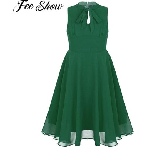 New Kids Girls Chiffon Tied neckline with keyhole Ruched bodice Flower Girls Dress Girl Birthday Party Dance Performance Dress