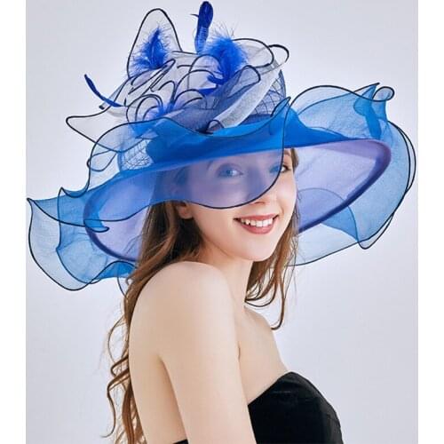 New Sunscreen Hats Organza Collapsible Feather Wide Brim Floral Bow Knot Women Hats For Simple Woman Daily Life 2021