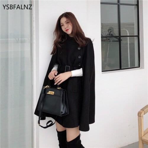 Korean Style 2020 Loose Cape Coat Collect Waist Woolen Medium Long Clothing Women Winter Tops For Woman Cloak Shawl Belt Clothes