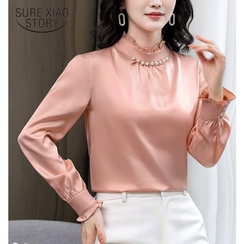 Office Lady Stand Collar Satin Shirt for Women 2021 New Silk Womens Blouse with Beading Long Sleeve Solid Female Blouse 13044