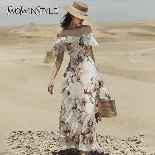 TWOTWINSTYLE Vintage Ruffle Patchwork Dress For Women Slash Neck Short Sleeve High Waist Print Maxi Dresses Female Fashion New