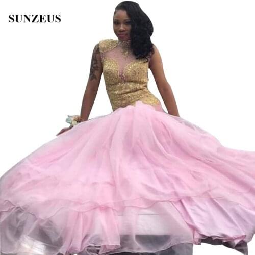 Pink Mermaid Prom Dress With Gold Lace Long Tulle Party Gowns High Neck Open Back Black Girls Prom 2019 vestido gala