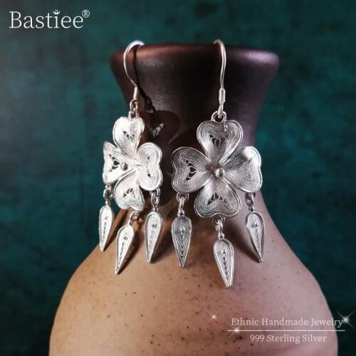 Bastiee Bohemian 999 Sterling Silver Drop Earrings For Women Luxury Jewelry Ethnic Handmade boucles d oreille femme bijoux