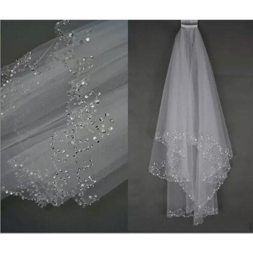 White/Ivory Wedding Bridal Veil Two Layer Handmade Sequins Beaded Edge Bridal Accessories Hair Veil Comb 2023