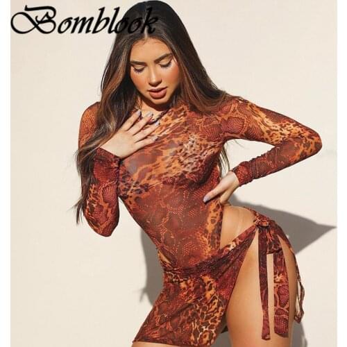 Bomblook Sexy Party Club Womens Suit Summer 2021 Snakeskin Print O-neck Long Sleeve Bodysuits Lace Up Skirt Sets Femme Outfits