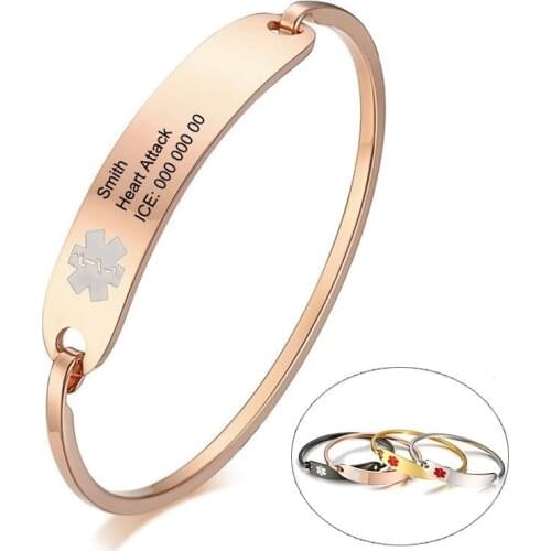 Free Personalized Medical Alert ID Bracelets for Women Men Engraving Anti Allergy Stainless Steel Cuff Bangle Custom Jewelry