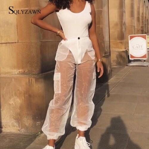 White Black See Through Cargo Pants Women Summer Sexy Hollow Out Elastic Mesh Trousers Fashion Transparent Beachwear Sweatpants