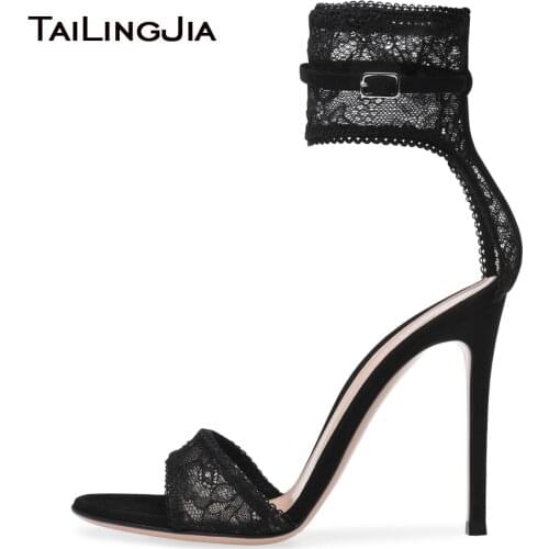 Black Stretch Lace High Heel Sandals Gold Fishnet Dress Shoes Ankle Strap Summer Shoes Women Party Heels Sexy Ladies Stilettos
