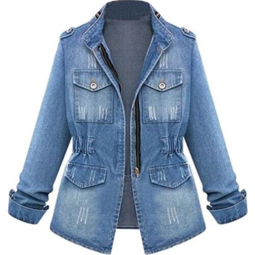 Spring Autumn New Denim Jacket Ladies Casual Denim Jacket Long-Sleeved Hole Korean Short Paragraph Large Size Denim Jacket