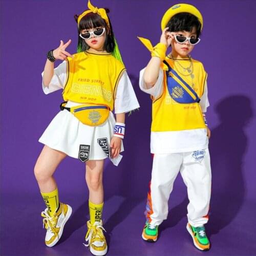 Kids Concert Hip Hop Clothing Yellow T Shirt Tops Mini Skirt Pants Streetwear for Girls Boys Jazz Dance Costume Show Outfits