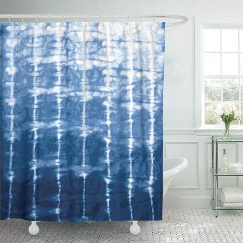 Eco-friendly Shower Curtain with Hooks Watercolor Shibori Indigo Blue Tie Dye Design Navy Batik Dyed Paint Traditional Water