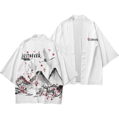 Couple Women Men Harajuku Crane Print Cardigan Kimono And Pant Beach Coat Japanese Style Kimono Streetwear Haori